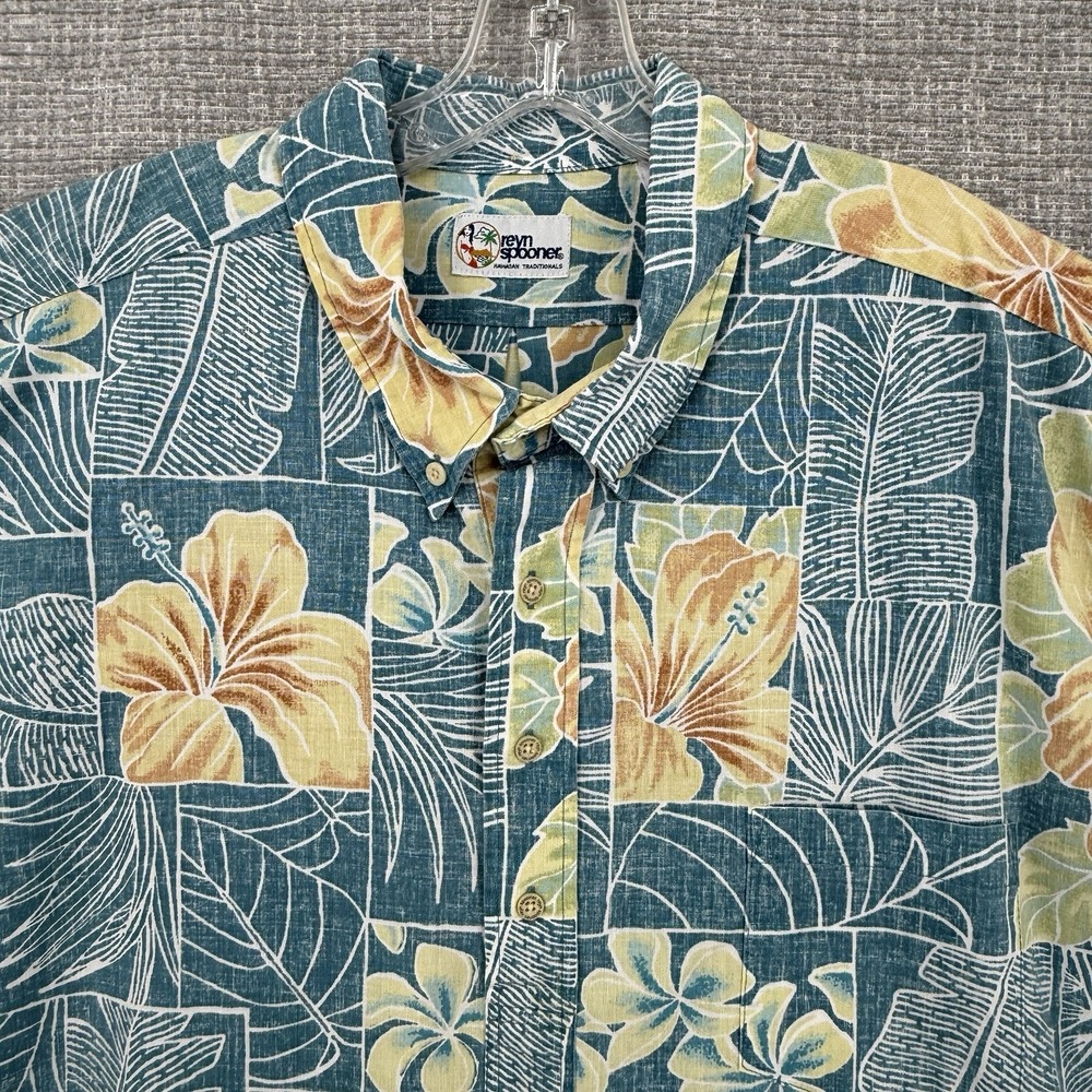 Vtg Reyn Spooner Sz‎ 3XL Y2K Blue Gold Hibiscus Floral Hawaiian Kloth Popover